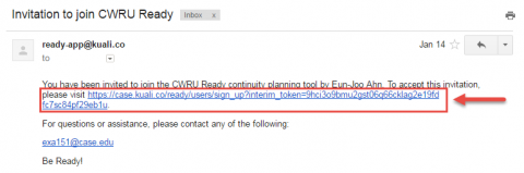 Screenshot of email invite from Kuali with clickable invite url highlighted