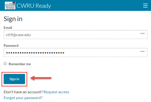 Screenshot of Cwru Ready Log in Screen with the Sign In button highlighted