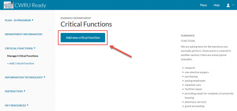 Screenshot of Critical Functions screen with Add New Critical Function button highlighted