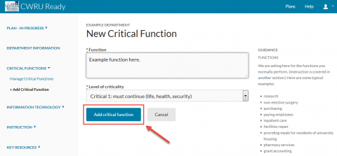 Screenshot of New Critical Function screen with Add Critical Function Button Highlighted