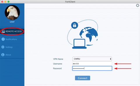 Screenshot of how to establish a connection to CWRU VPN using FortiClient