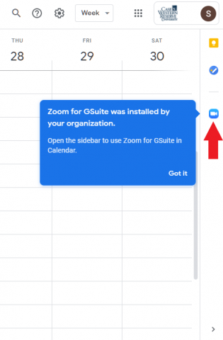 Zoom icon shown in the right side panel of Google Calendar