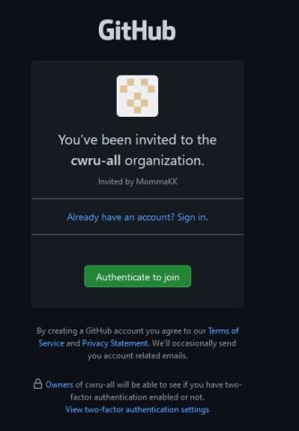 Invitation to join the cwru-all GitHub organization, with a green button with white text that says "Authenticate to join".