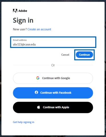 Adobe sign into system to run one of their apps. Enter email address