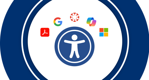 Tech logos surround accessibility icon: Adobe PDF, Microsoft, Google, Canvas, Copilot..