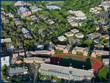 Overhead view of campus in spring