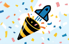 New Quizzes rocket icon bursting out of a confetti horn