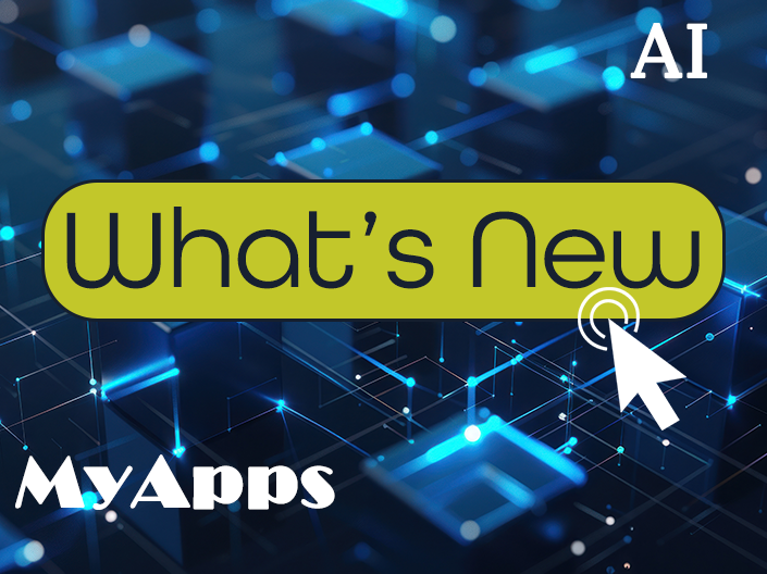 A yellow button with "What's New" on it with a mouse cursor pointing to it. It includes the services AI and MyApps on the image.