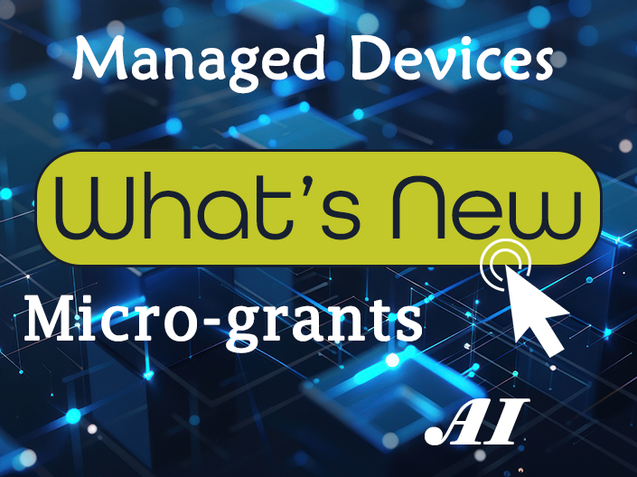 A yellow button with "What's New" on it with a mouse cursor pointing to it. It includes the words for the services AI, Micro-grants and Managed Devices on the image.