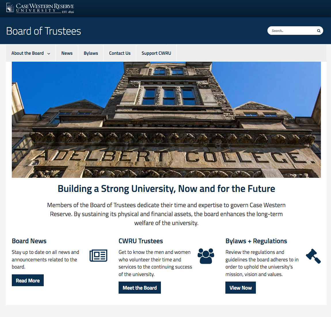 Example of a text heavy layout in Drupal featuring the Board of Trustees website at https://case.edu/bot/