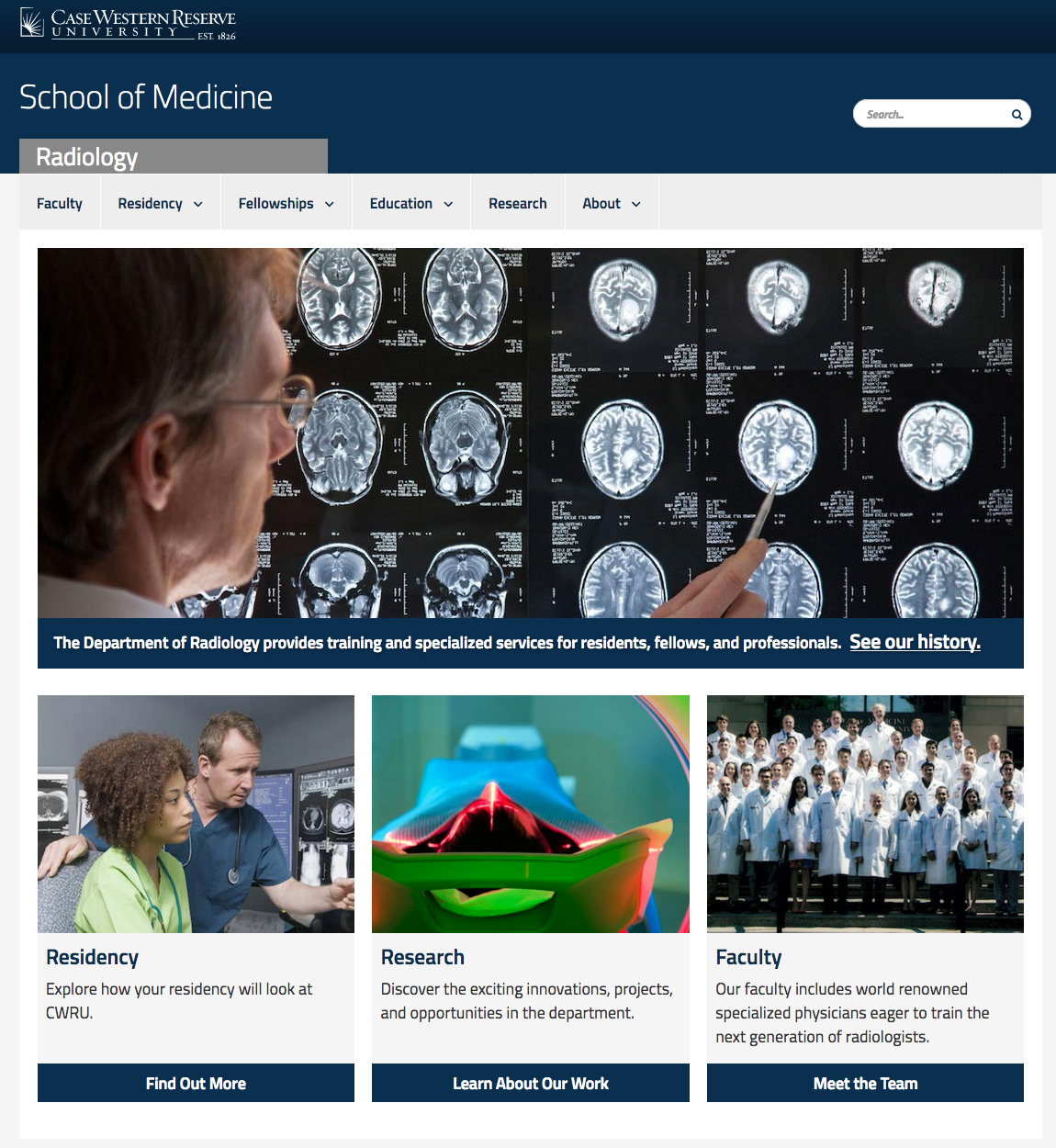 Example of a homepage full width feature template in Drupal, featuring the department of Radiology site at https://case.edu/medicine/radiology/