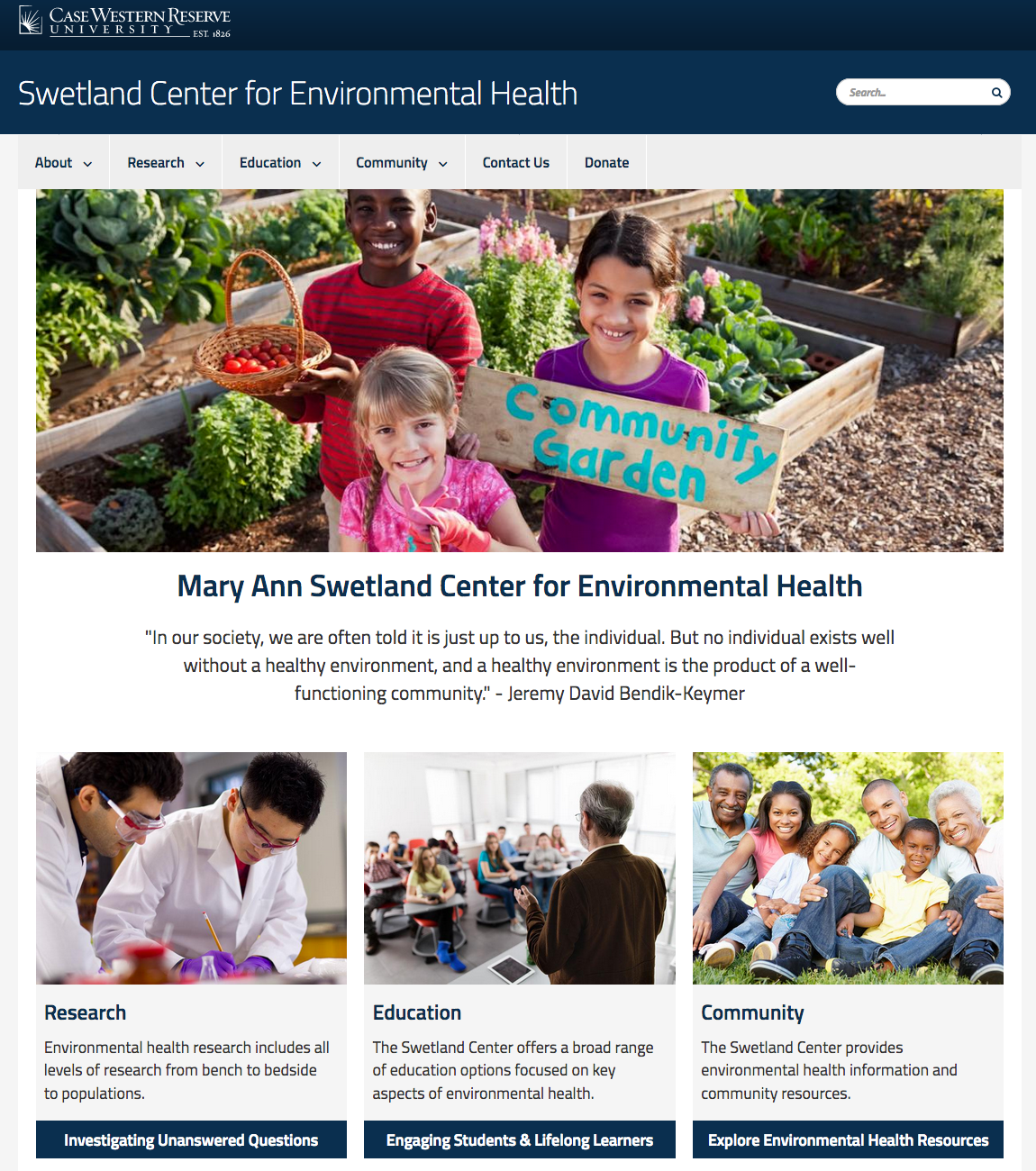 Example of a text heavy layout in Drupal with subfeature images featuring the Swetland Center for Environmental Health site at https://case.edu/swetland/