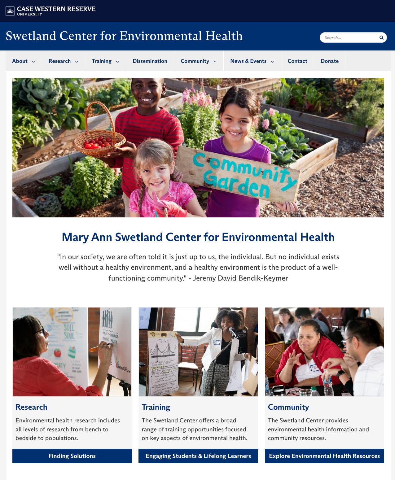 Example of a text heavy layout in Drupal with subfeature images featuring the Swetland Center for Environmental Health site at https://case.edu/swetland/