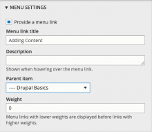 Menu Settings box in Drupal displaying the options for Menu link title, Description, Parent item drop-down and Weight
