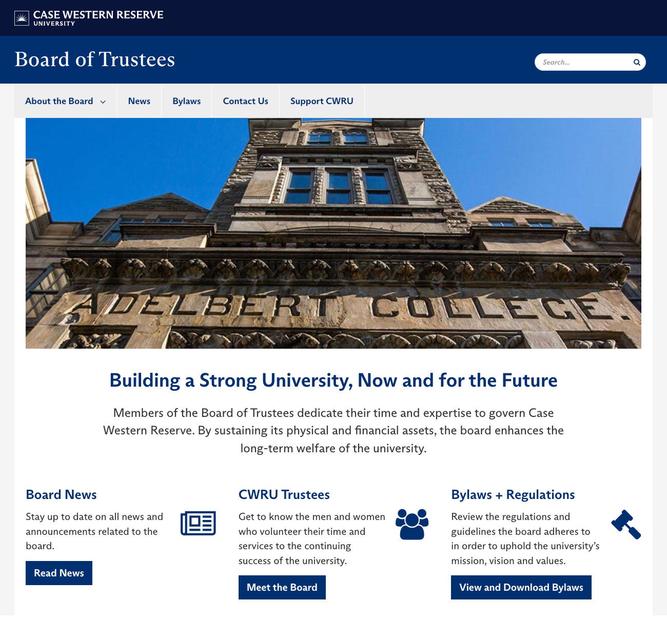 Example of a text heavy layout in Drupal featuring the Board of Trustees website at https://case.edu/bot/