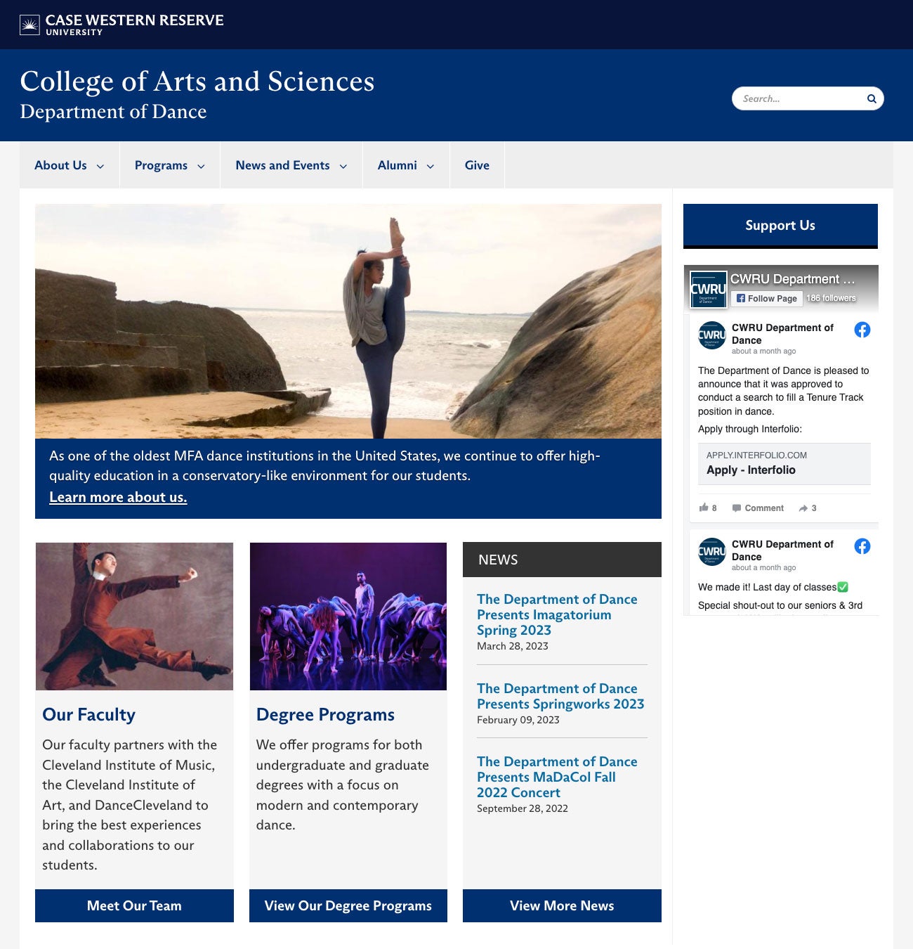 Example of a homepage sidebar template in Drupal featuring the Department of Dance site at https://case.edu/artsci/dance