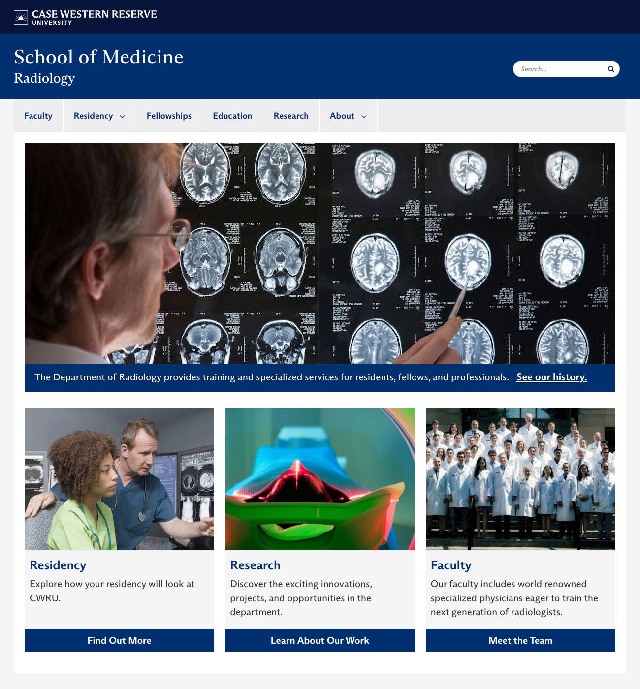Example of a homepage full width feature template in Drupal, featuring the department of Radiology site at https://case.edu/medicine/radiology/