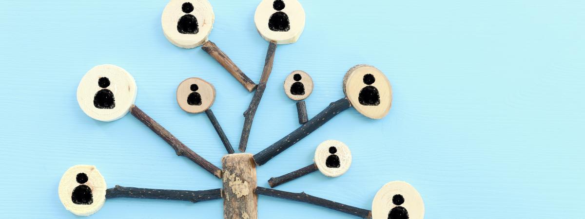 An image of a family tree with cutout silhouettes of people on each branch