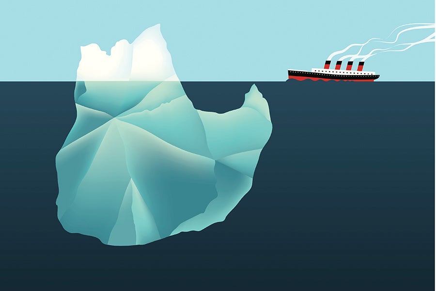 Cartoon illustration of a ship (Titanic) moving toward an iceberg, partially submerged in the ocean