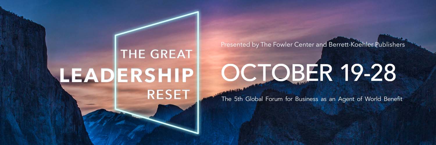 Image of mountains against a sunset backdrop with text for the "The Great Leadership Reset"