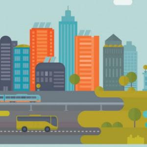 Graphic of downtown buildings with transportation and energy systems