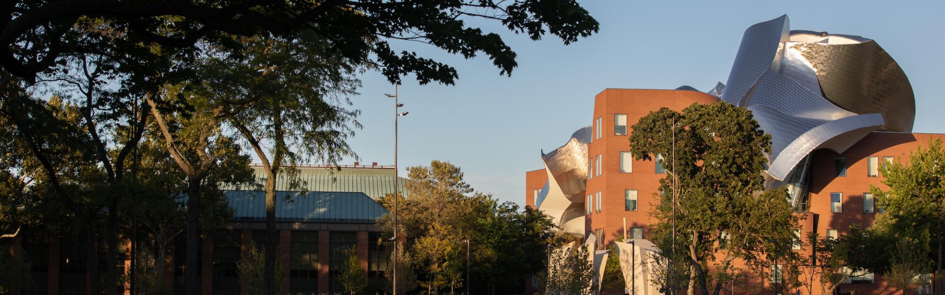 Wide shot of the Peter B Lewis building beside the green quad and buildings
