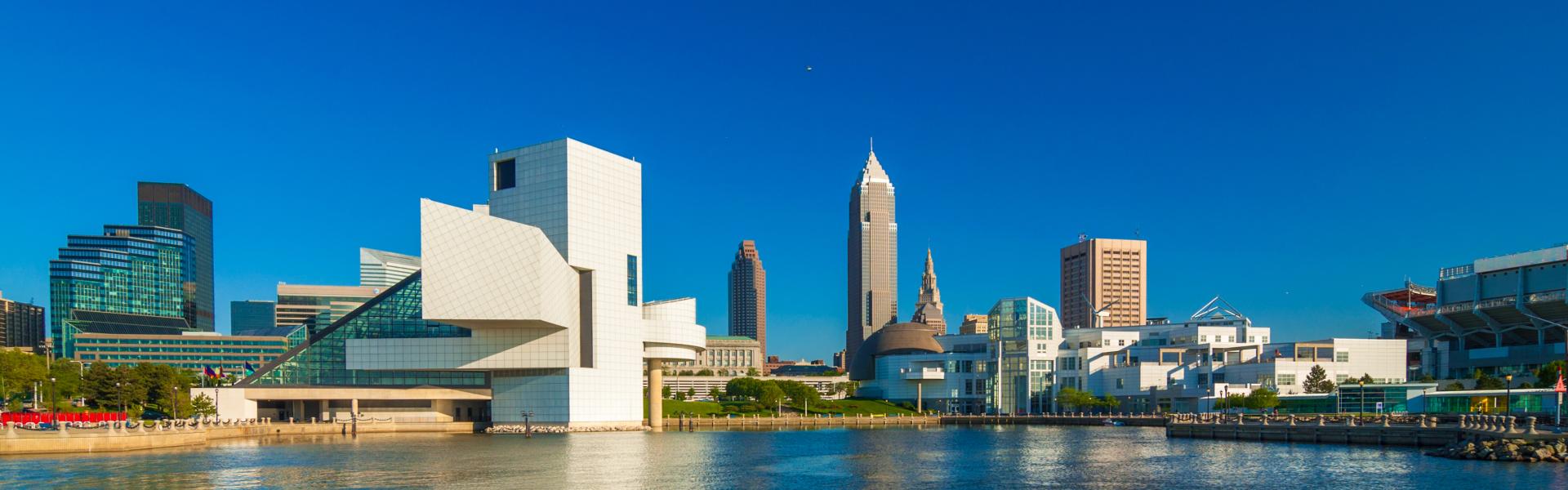 View of downtown Cleveland taken from Lake Erie facing the Rock & Roll Hall of Fame