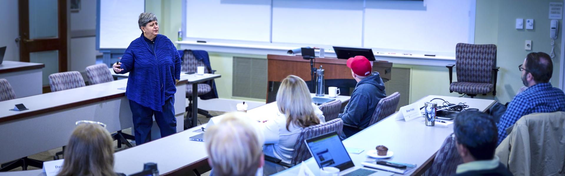 Diana Bilimoria lectures to class on inclusive leadership