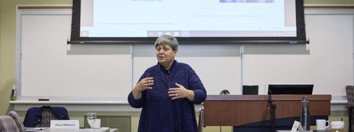 Diana Bilimoria speaks to a classroom of students.