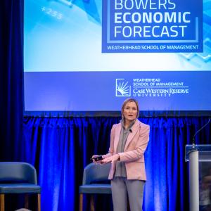 Photo of Ellen Zentner presenting at the Weatherhead School of Management’s David A. Bowers Economic Forecast Luncheon