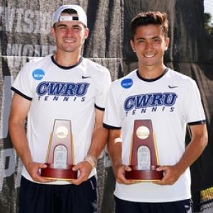Picture of James Hopper and Jonathan Powell holding trophies for the NCAA DIII Doubles Championship