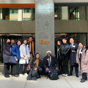 Students stand outside Etsy's offices in New York City.