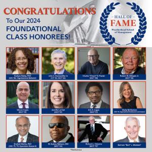 A promotional collage image including headshot photos of the 2024 Weatherhead 2024 Hall of Fame honorees