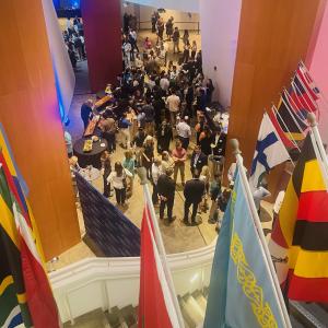 Alumni gathered for reception in the lower level of the PBL Building.