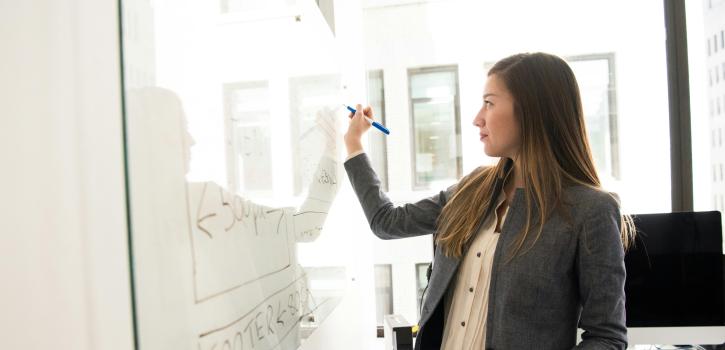Woman working through a complex problem on a whiteboard