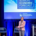 Photo of Ellen Zentner presenting at the Weatherhead School of Management’s David A. Bowers Economic Forecast Luncheon
