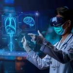 A doctor in a labcoat and protective equipment using advanced technology