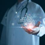 A doctor in a white lab coat displaying graphics of AI and machine learning in their hand.