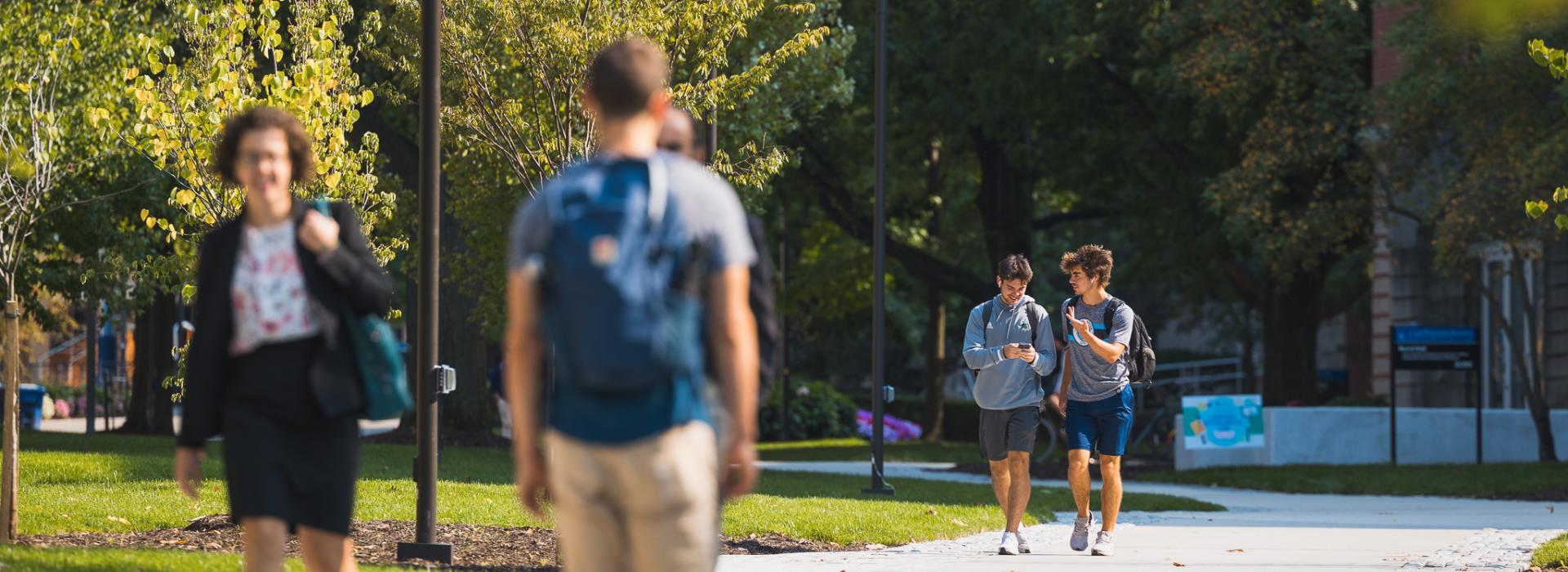 Wide angle shot of students walking on a campus path surrounded by greenery