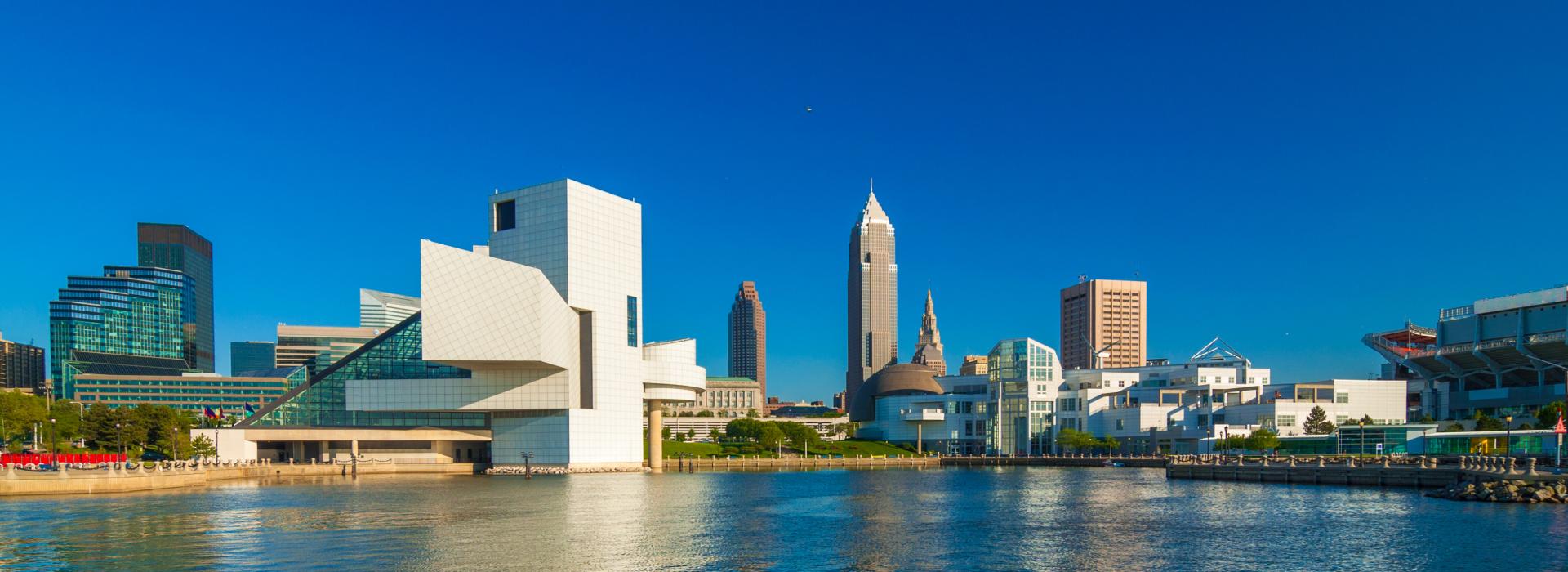 View of downtown Cleveland taken from Lake Erie facing the Rock & Roll Hall of Fame