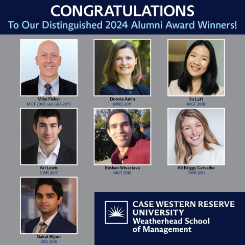 Collection of headshots of distinguished 2024 alumni award winners from Case Western Reserve University
