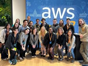 WES students take a group photo in the AWS Skills Center