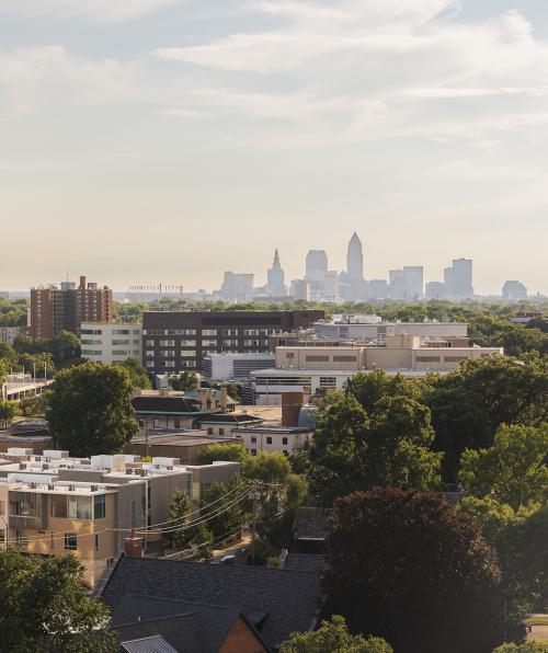 Aerial view of CWRU campus and Cleveland buildings