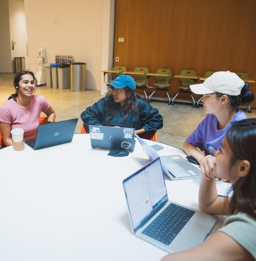 Undergraduate students sit around a table studying and talking.