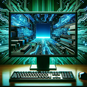 Picture of a computer desktop set up with connectivity networks expanding beyond the screen. 