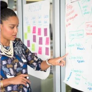 Woman brainstorming at a dry erase board.