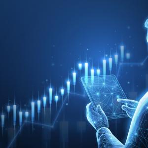 Blue Digital outline of man touching graph