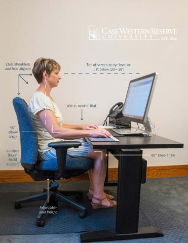 Picture of a women sitting at a desk and with lines and angles showing how your body should be positioned while sitting at your desk.