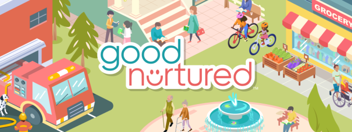 "Good Nurtured" logo in front of a vibrant animated scene of a community