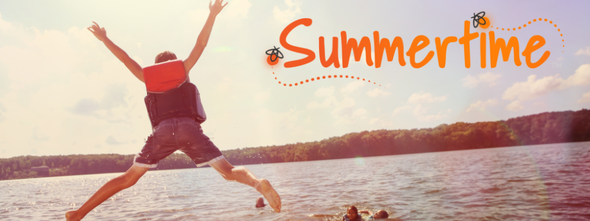 Child jumping into a body of water where a couple other children are swimming, with the Summertime logo in the corner
